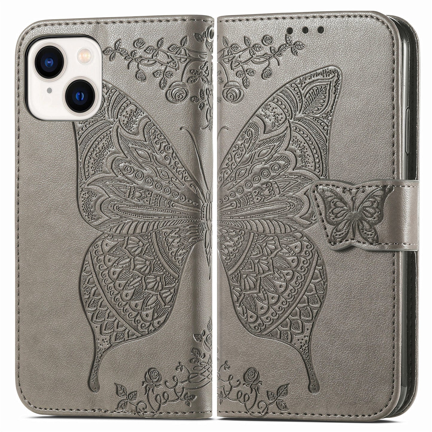 Embossed Butterfly Wallet Flip Case for iPhone 15