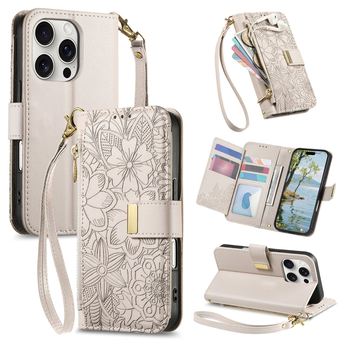 Embossed Floral & Leaf Zipper Wallet Phone Case for iPhone 15 Pro Max