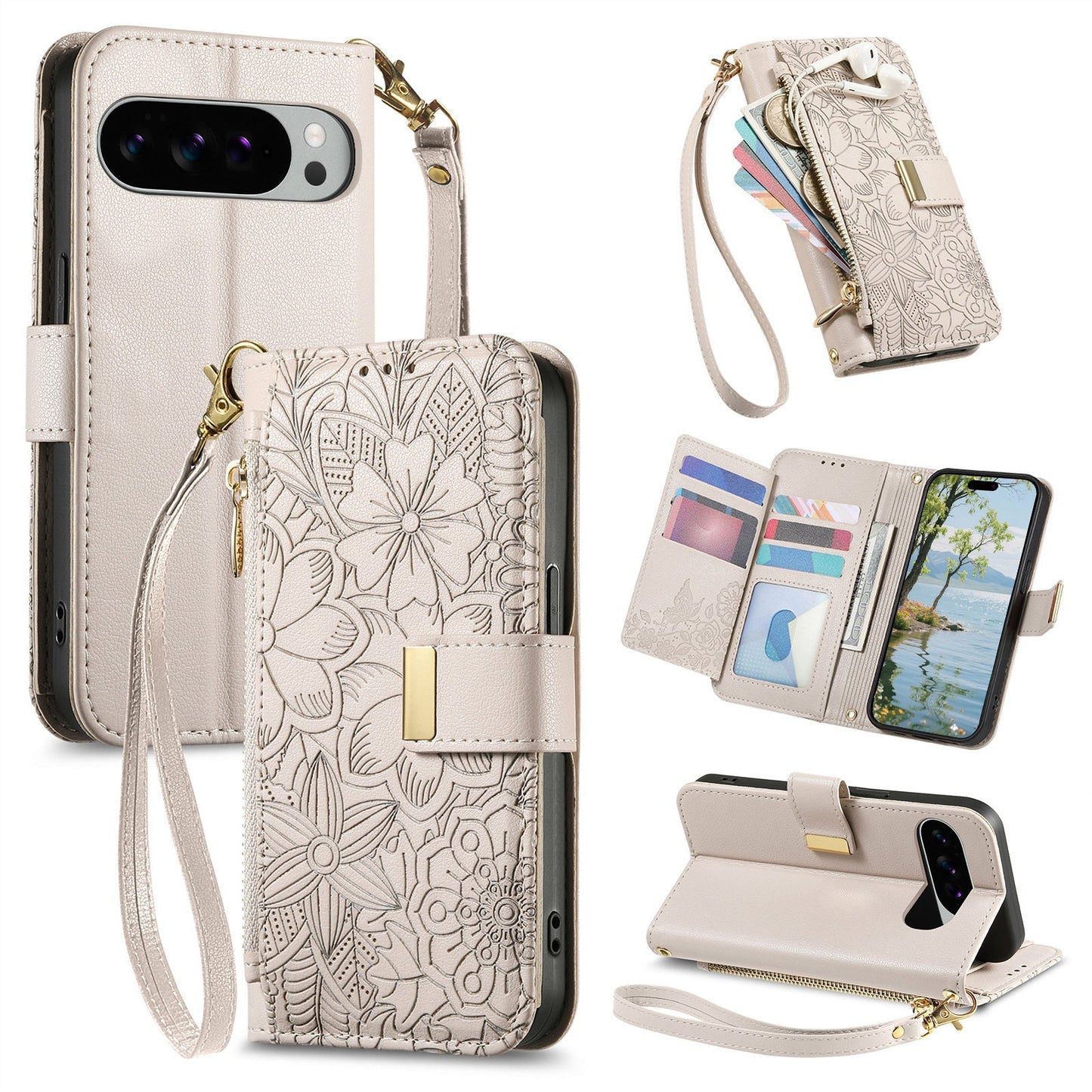 Embossed Floral & Leaf Zipper Wallet Phone Case for Pixel 8a