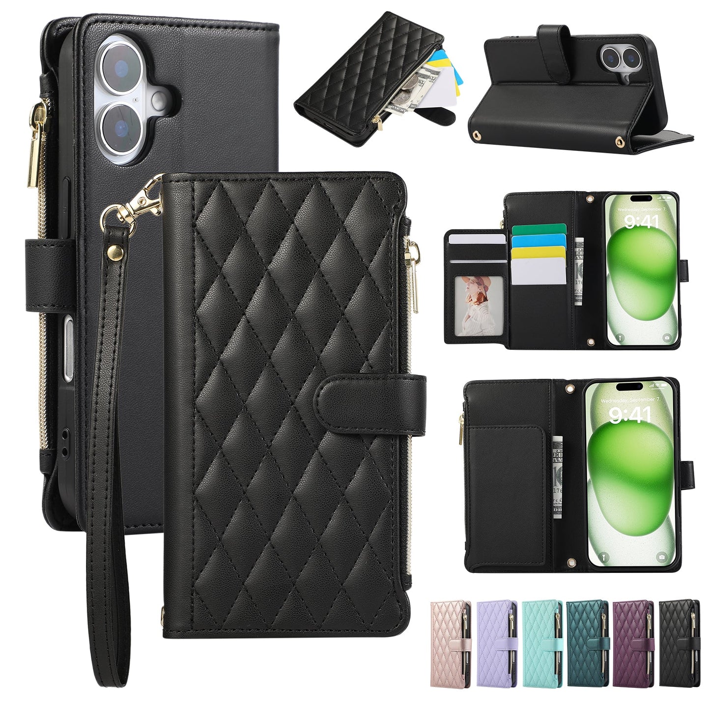 Senior-Friendly Elegant Quilted Wallet Phone Case for iPhone 16 Plus
