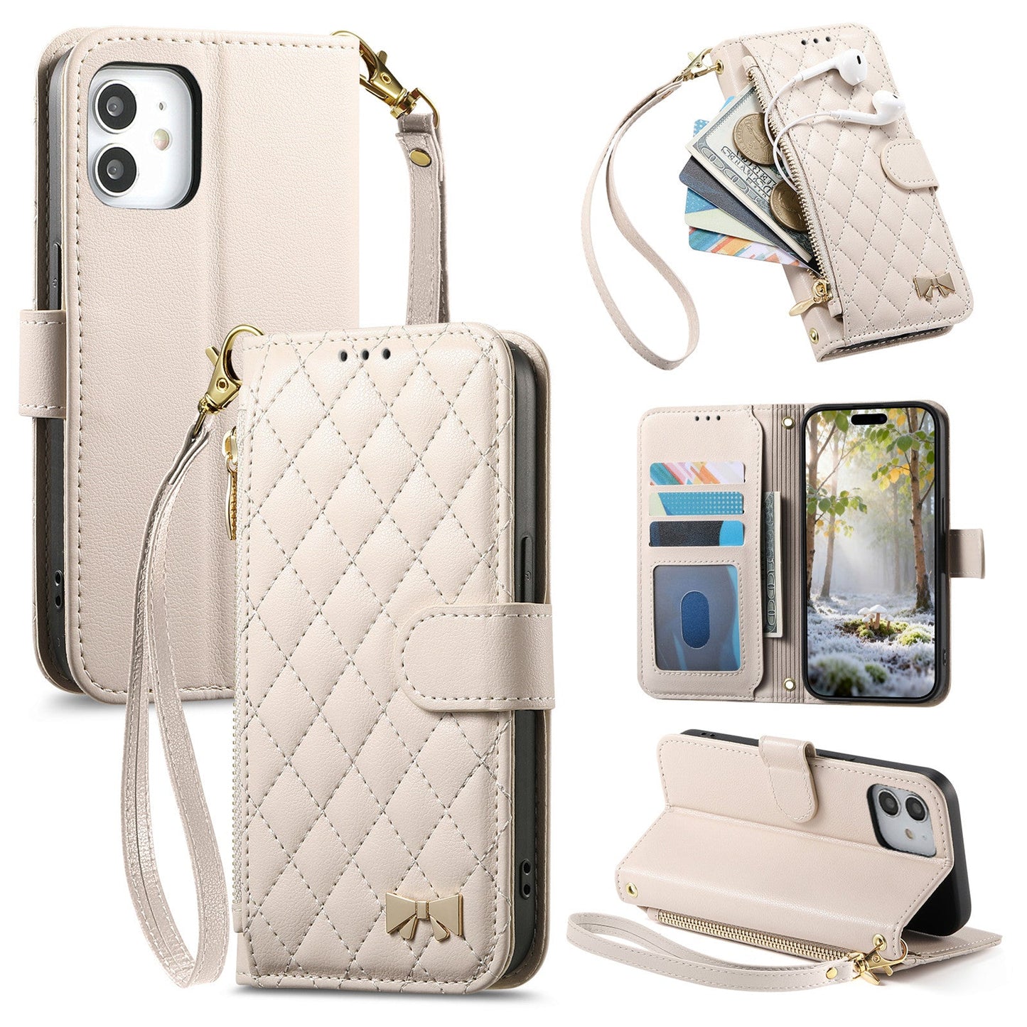 Elegant Diamond Quilted Leather Phone Wallet Case for iPhone 12 Mini