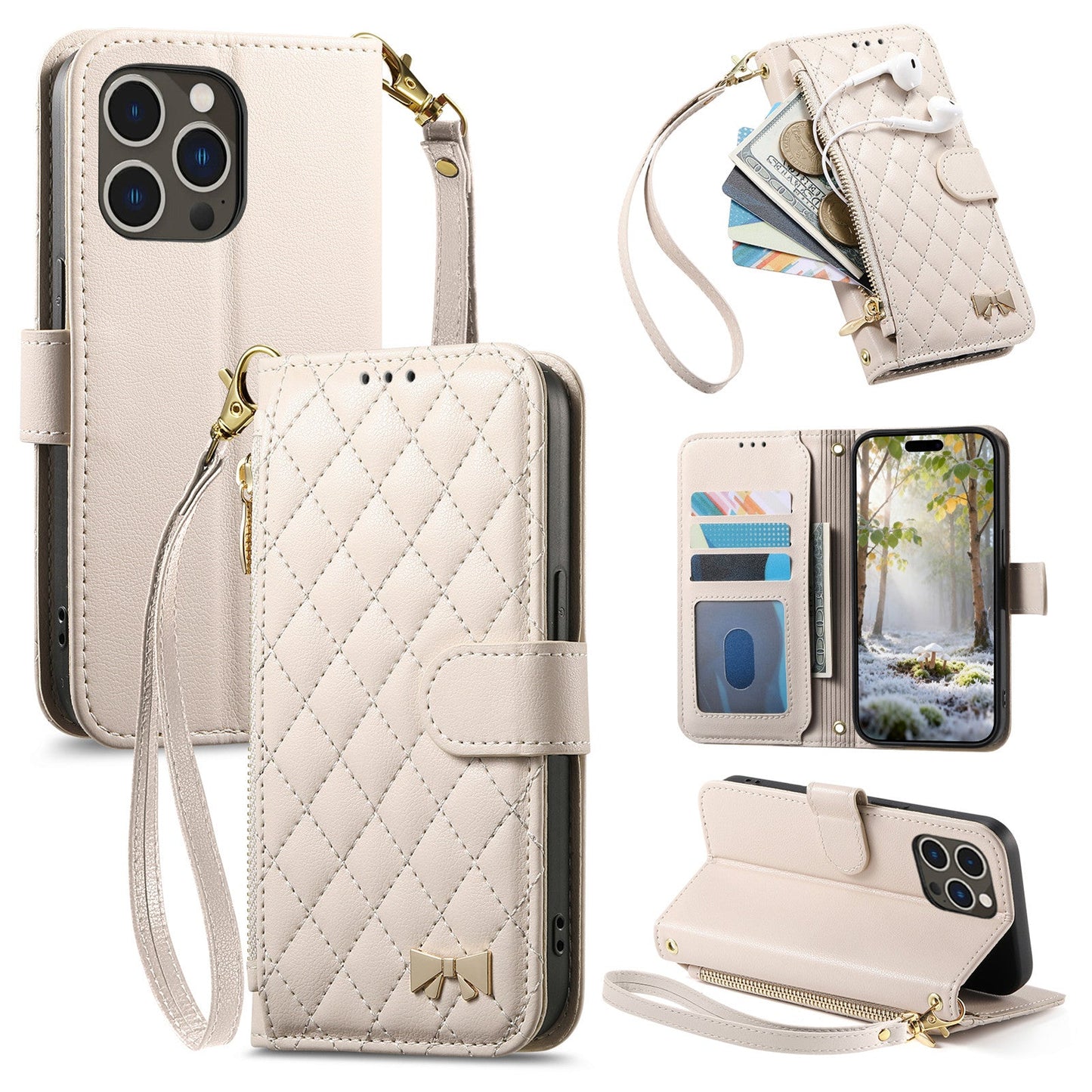 Elegant Diamond Quilted Leather Phone Wallet Case for iPhone 13 Pro Max