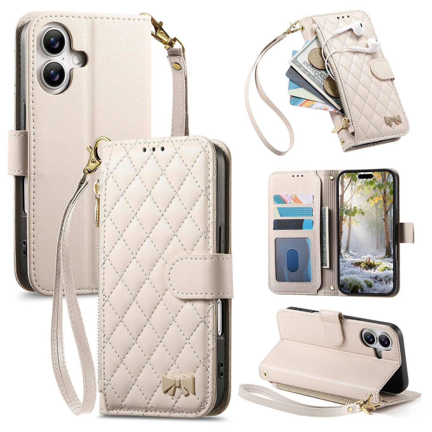 Elegant Diamond Quilted Leather Phone Wallet Case for iPhone 16e