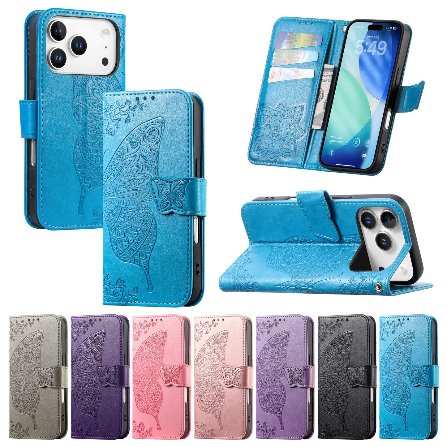 Embossed Butterfly Wallet Flip Case for iPhone 17 Pro