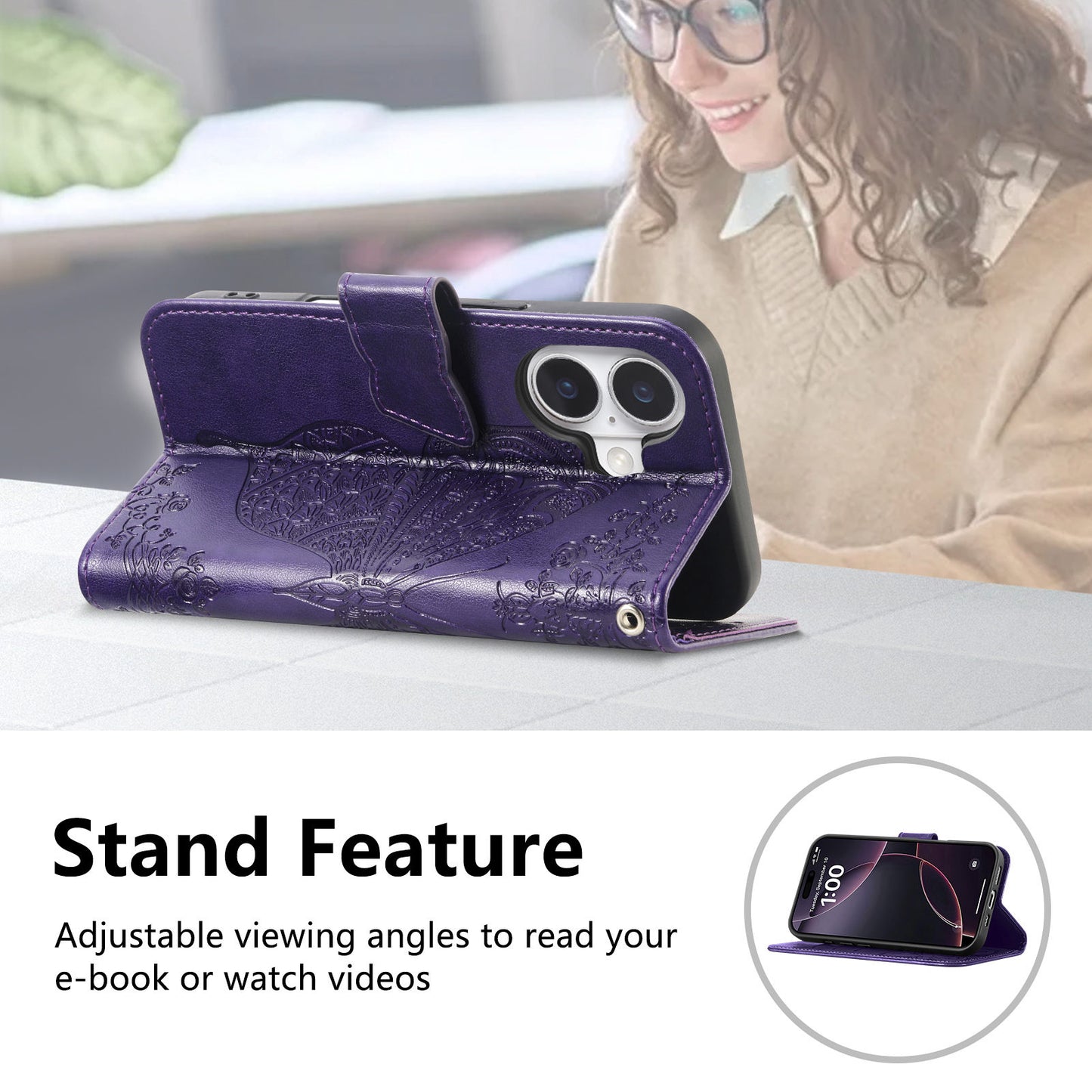 Embossed Butterfly Wallet Flip Case for iPhone 16 Pro
