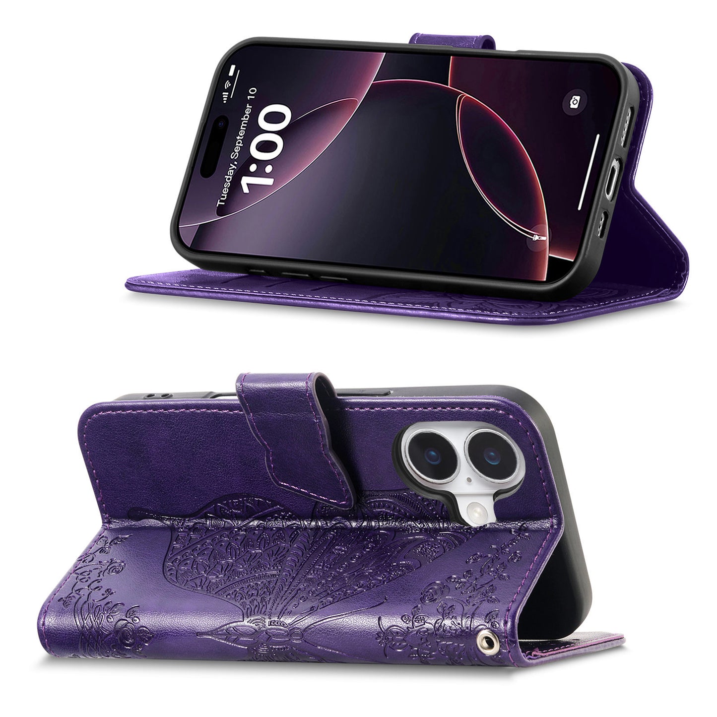 Embossed Butterfly Wallet Flip Case for iPhone 16 Pro