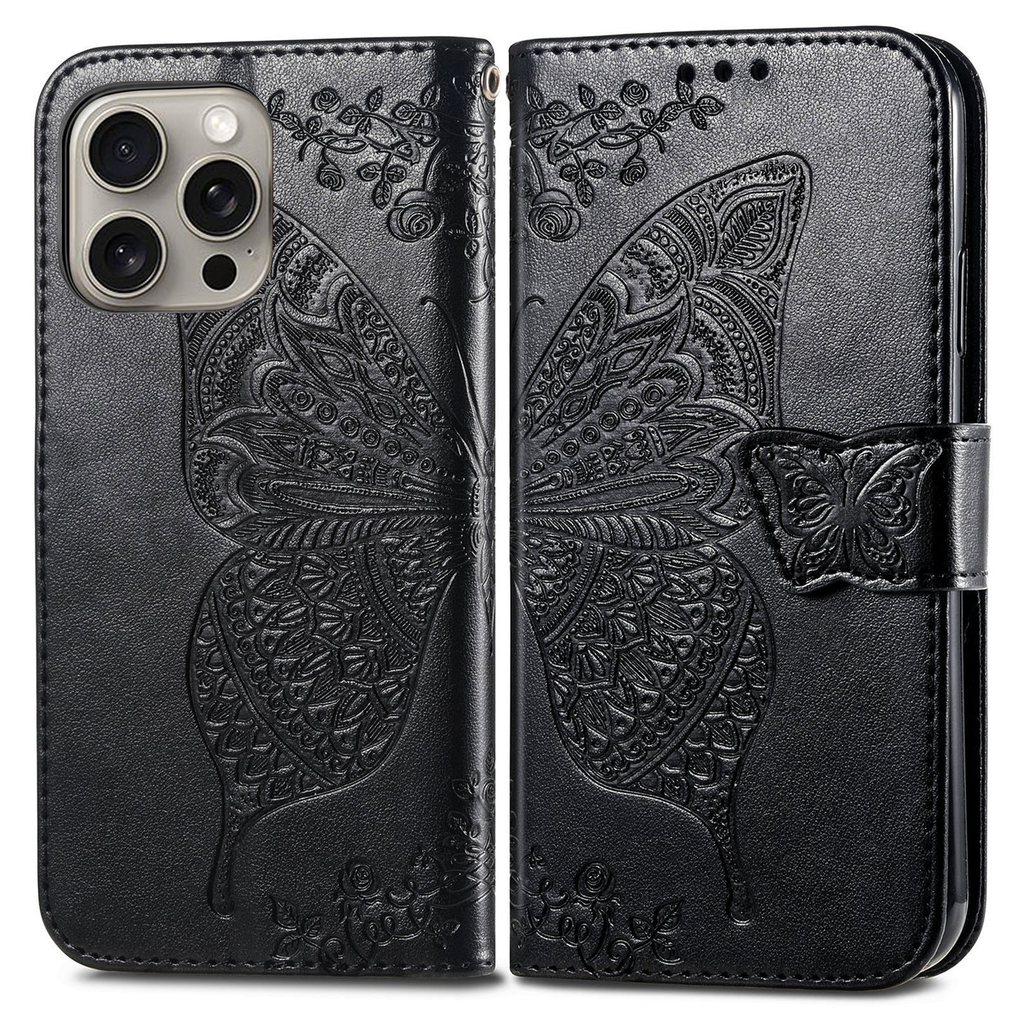Embossed Butterfly Wallet Flip Case for iPhone 16 Pro