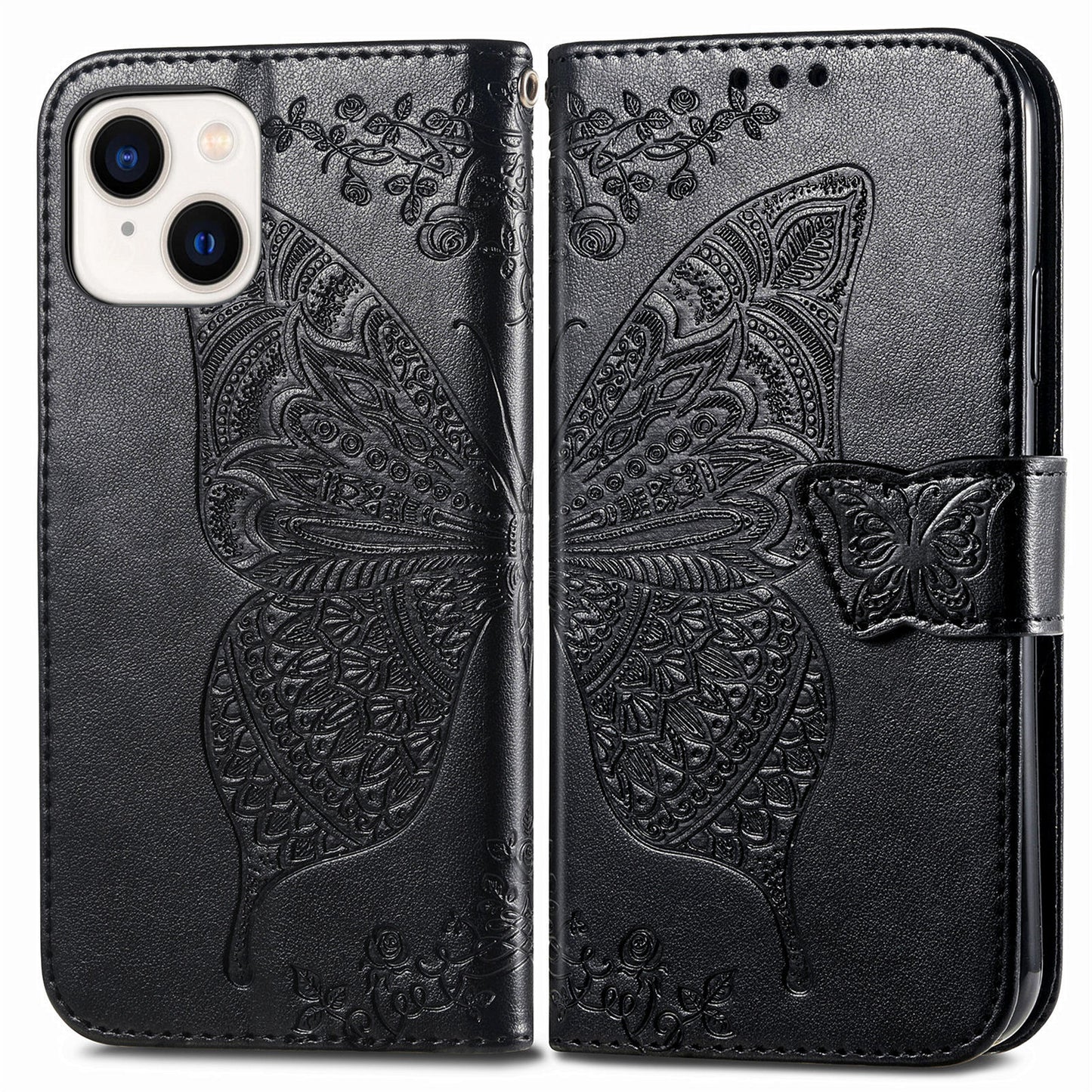 Embossed Butterfly Wallet Flip Case for iPhone 13