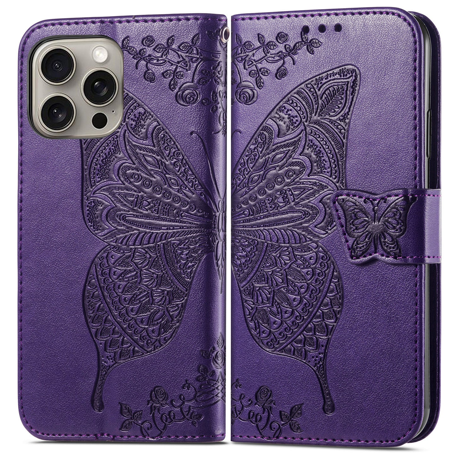 Embossed Butterfly Wallet Flip Case for iPhone 16 Pro
