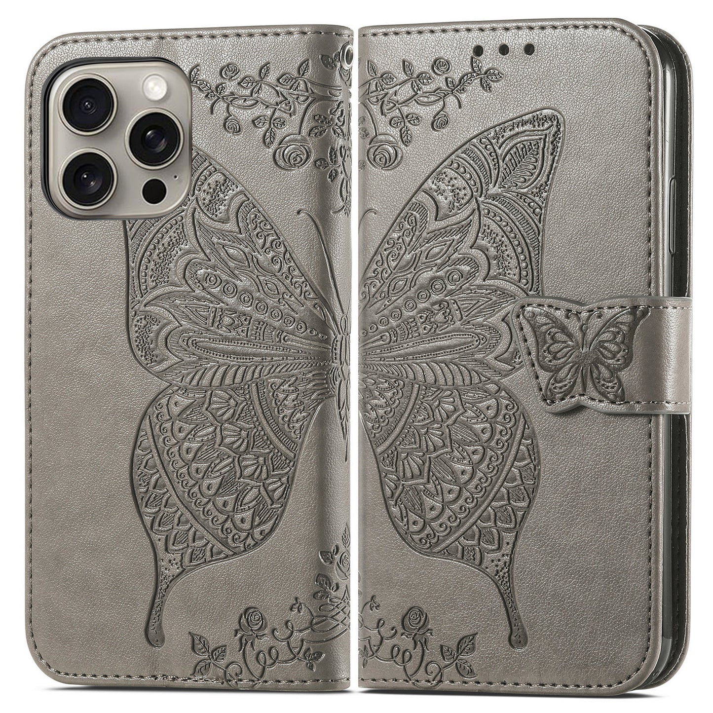 Embossed Butterfly Wallet Flip Case for iPhone 16 Pro