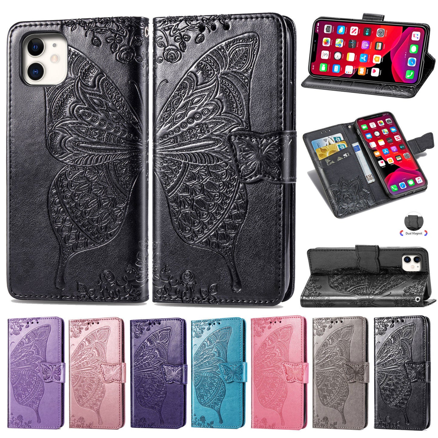 Embossed Butterfly Wallet Flip Case for iPhone 12