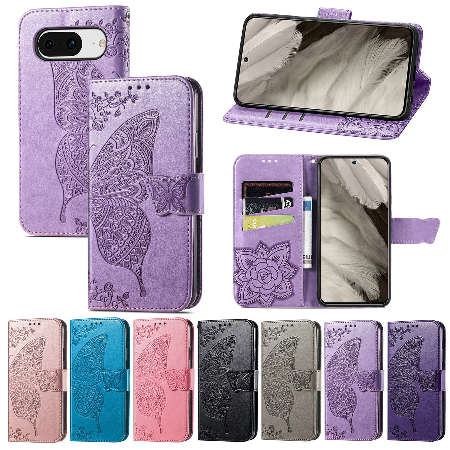 Embossed Butterfly Wallet Flip Case for Google Pixel 8
