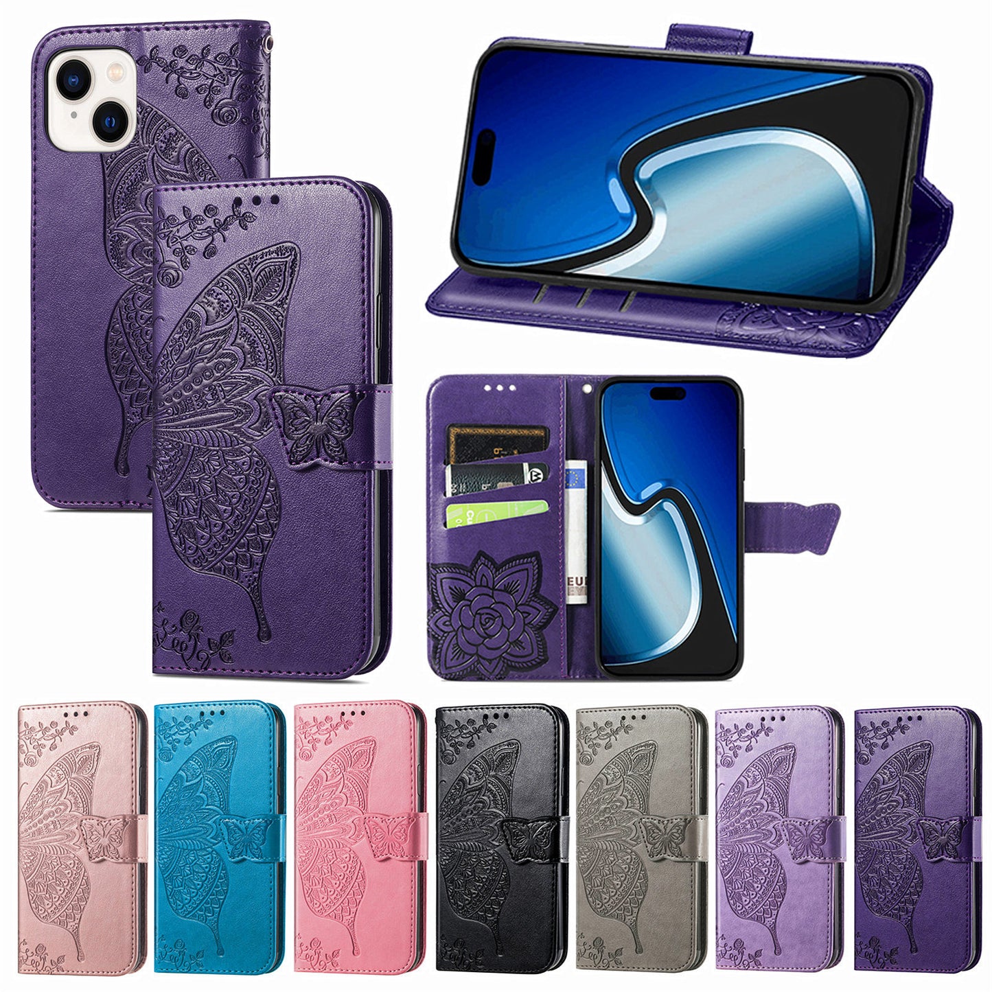 Embossed Butterfly Wallet Flip Case for iPhone 13