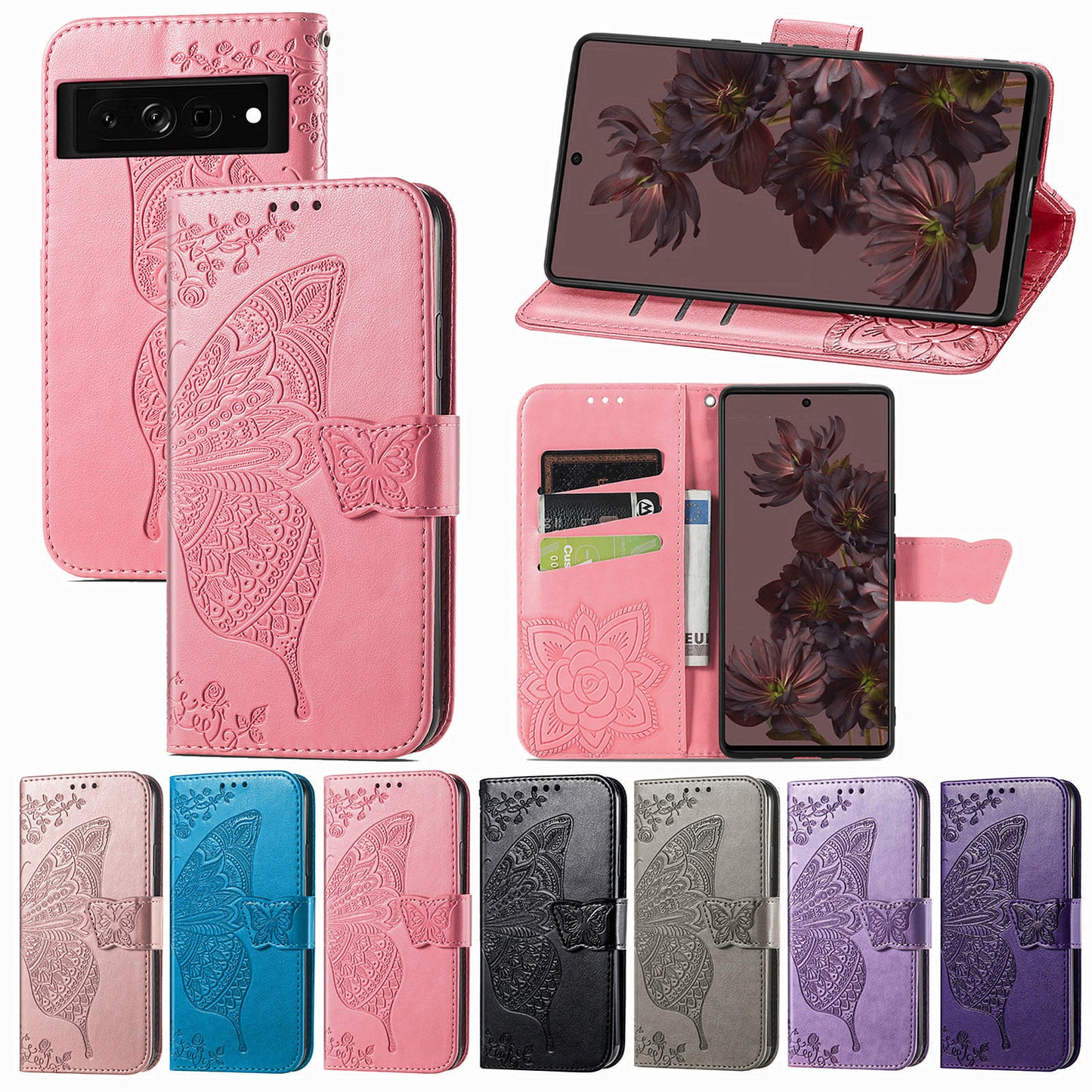 Embossed Butterfly Wallet Flip Case for Google Pixel 7 Pro