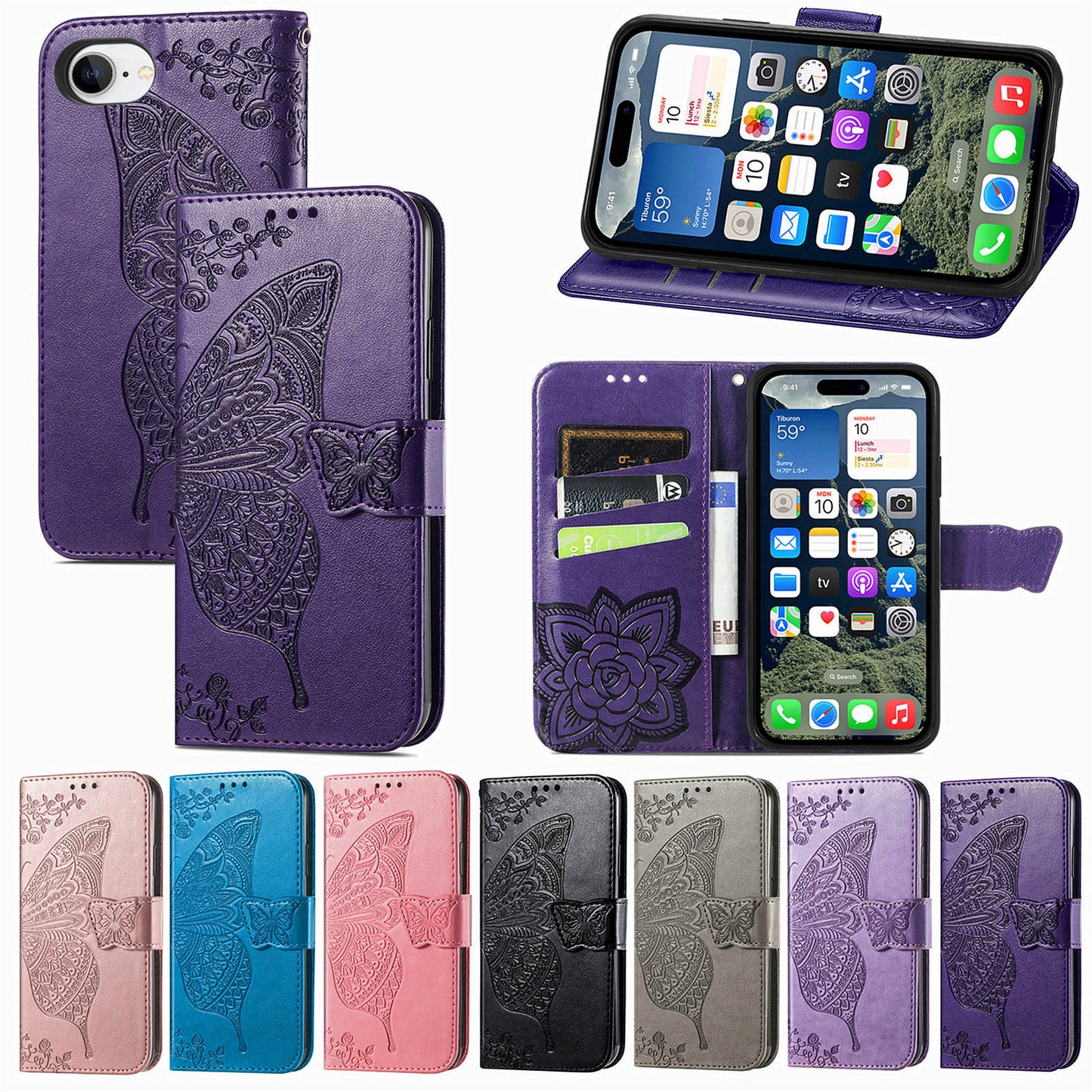 Embossed Butterfly Wallet Flip Case for iPhone 16e