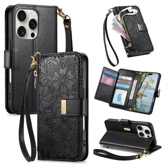 Embossed Floral & Leaf Zipper Wallet Phone Case for iPhone 11 Pro Max