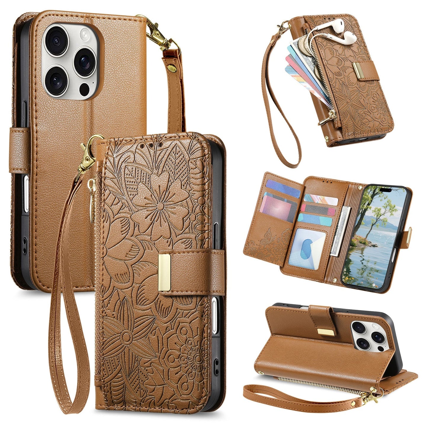 Embossed Floral & Leaf Zipper Wallet Phone Case for iPhone 11 Pro