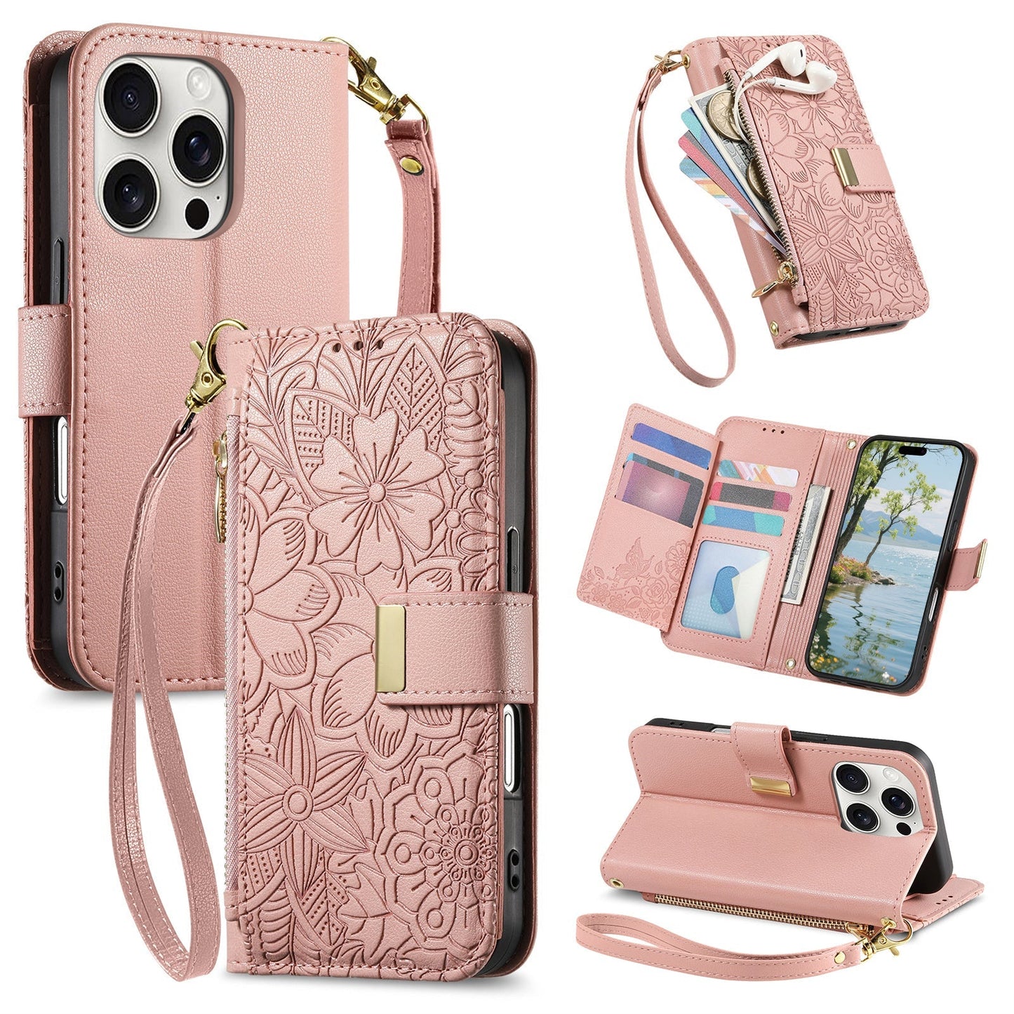 Embossed Floral & Leaf Zipper Wallet Phone Case for iPhone 11 Pro