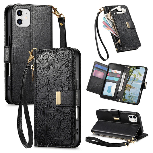 Embossed Floral & Leaf Zipper Wallet Phone Case for iPhone 11