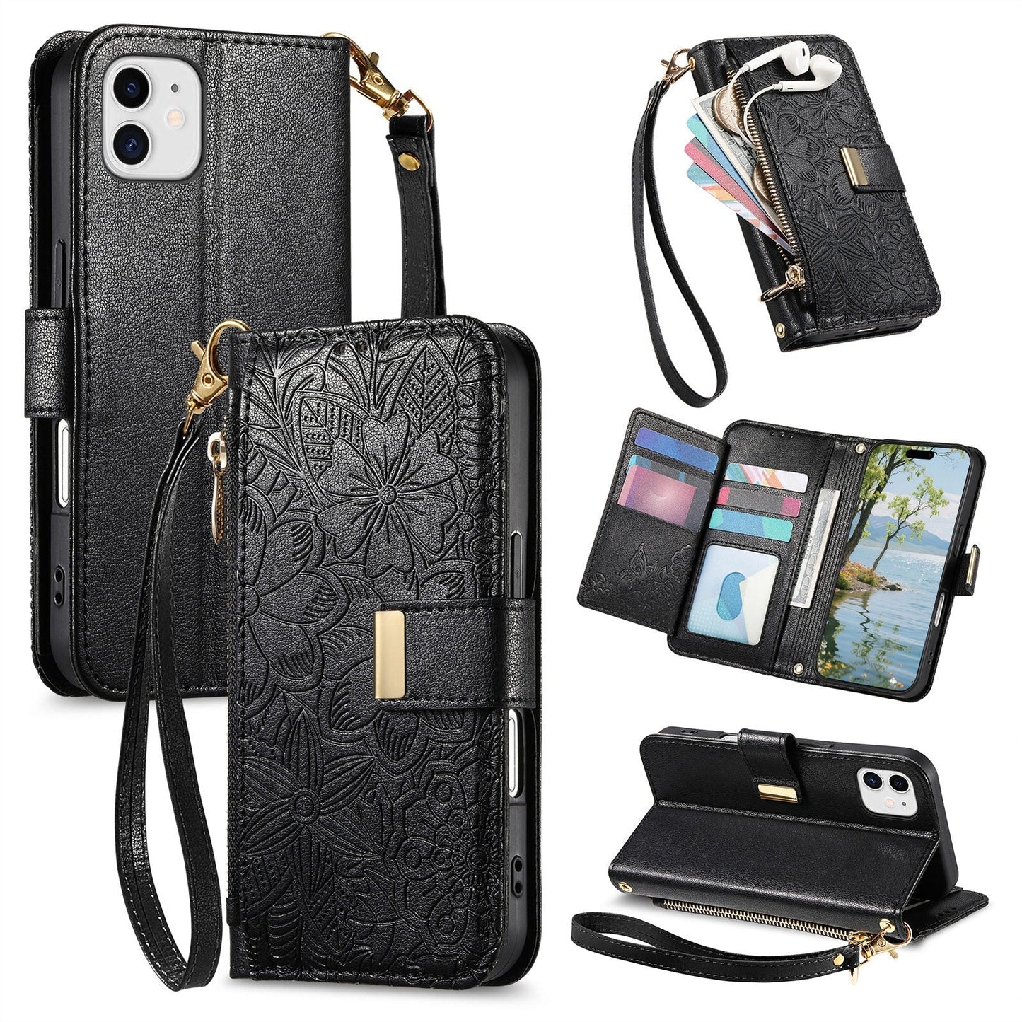 Embossed Floral & Leaf Zipper Wallet Phone Case for iPhone 12 Mini