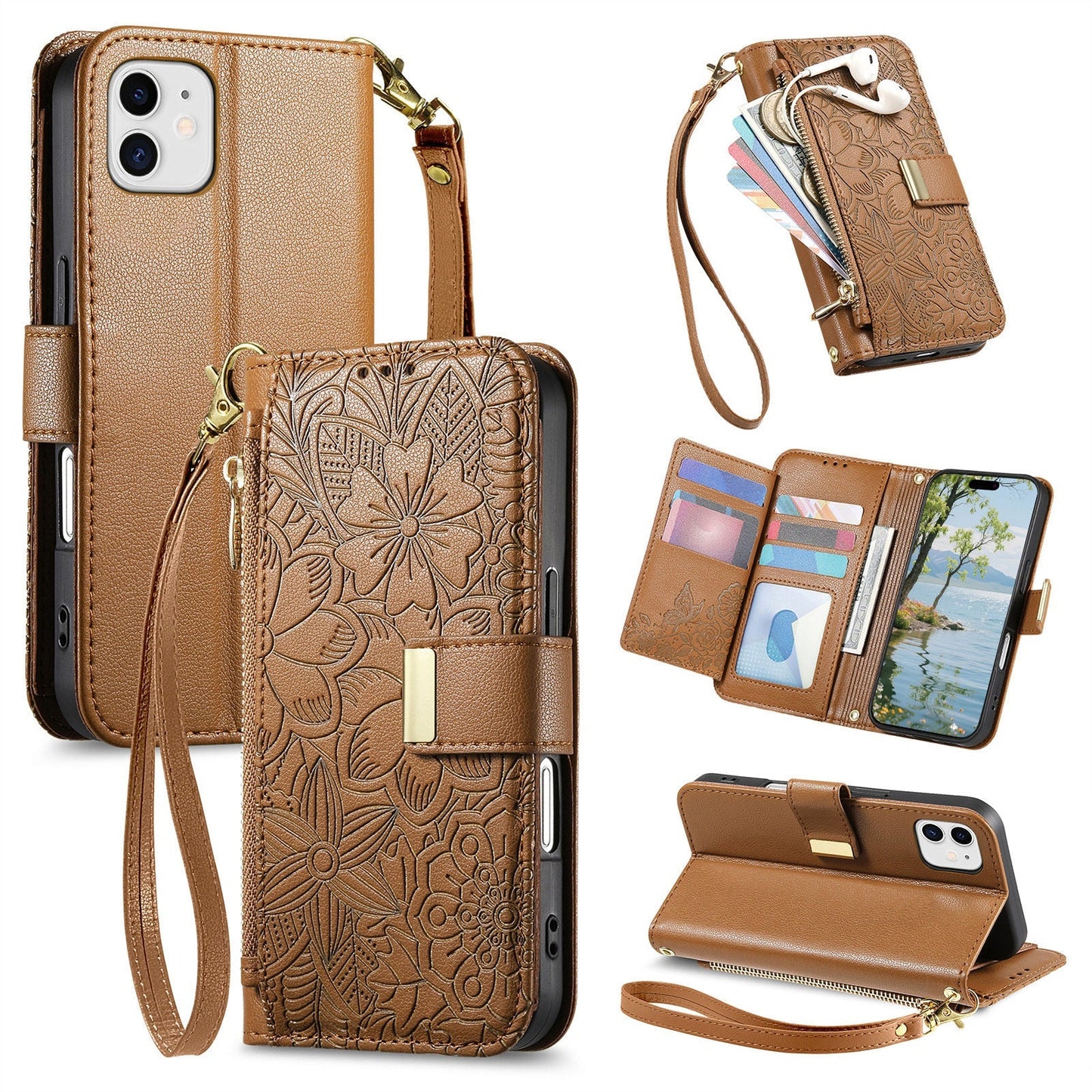 Embossed Floral & Leaf Zipper Wallet Phone Case for iPhone 12 Mini