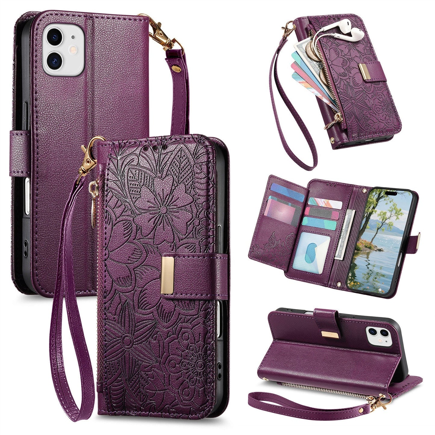 Embossed Floral & Leaf Zipper Wallet Phone Case for iPhone 12 Mini