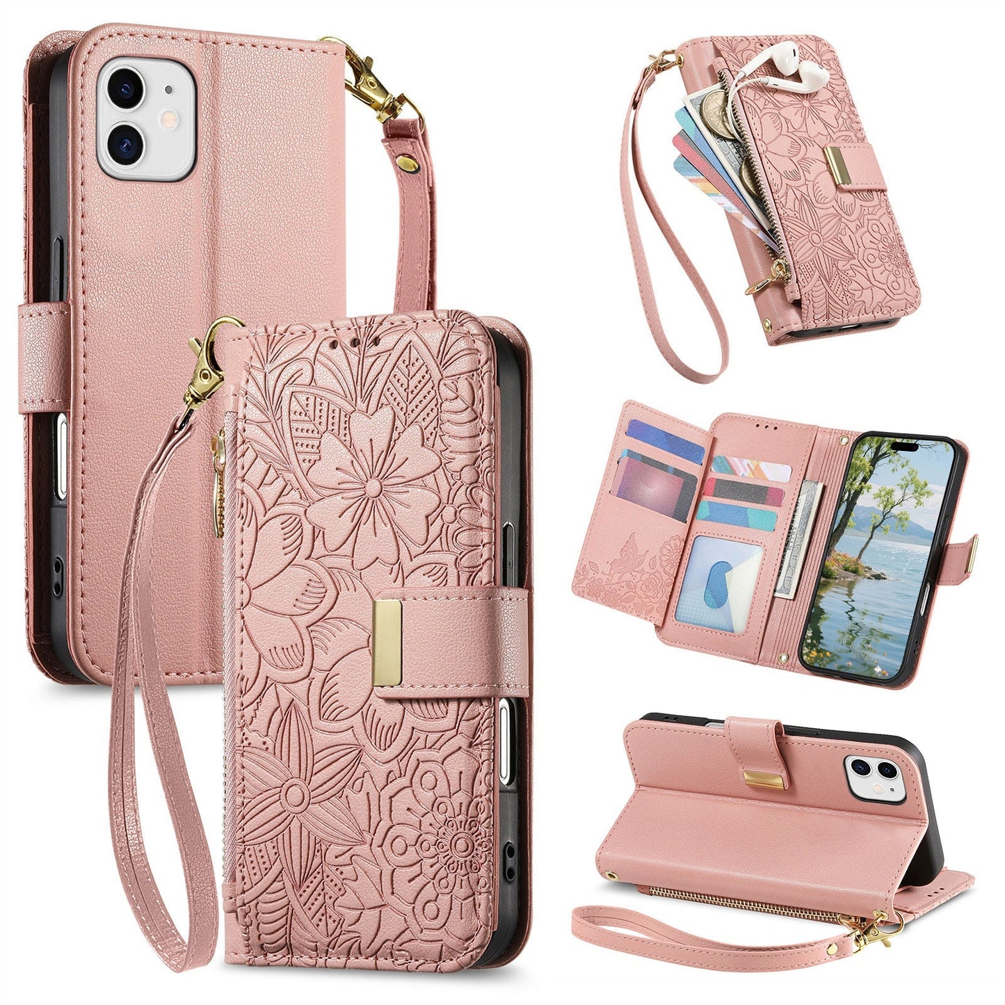 Embossed Floral & Leaf Zipper Wallet Phone Case for iPhone 12