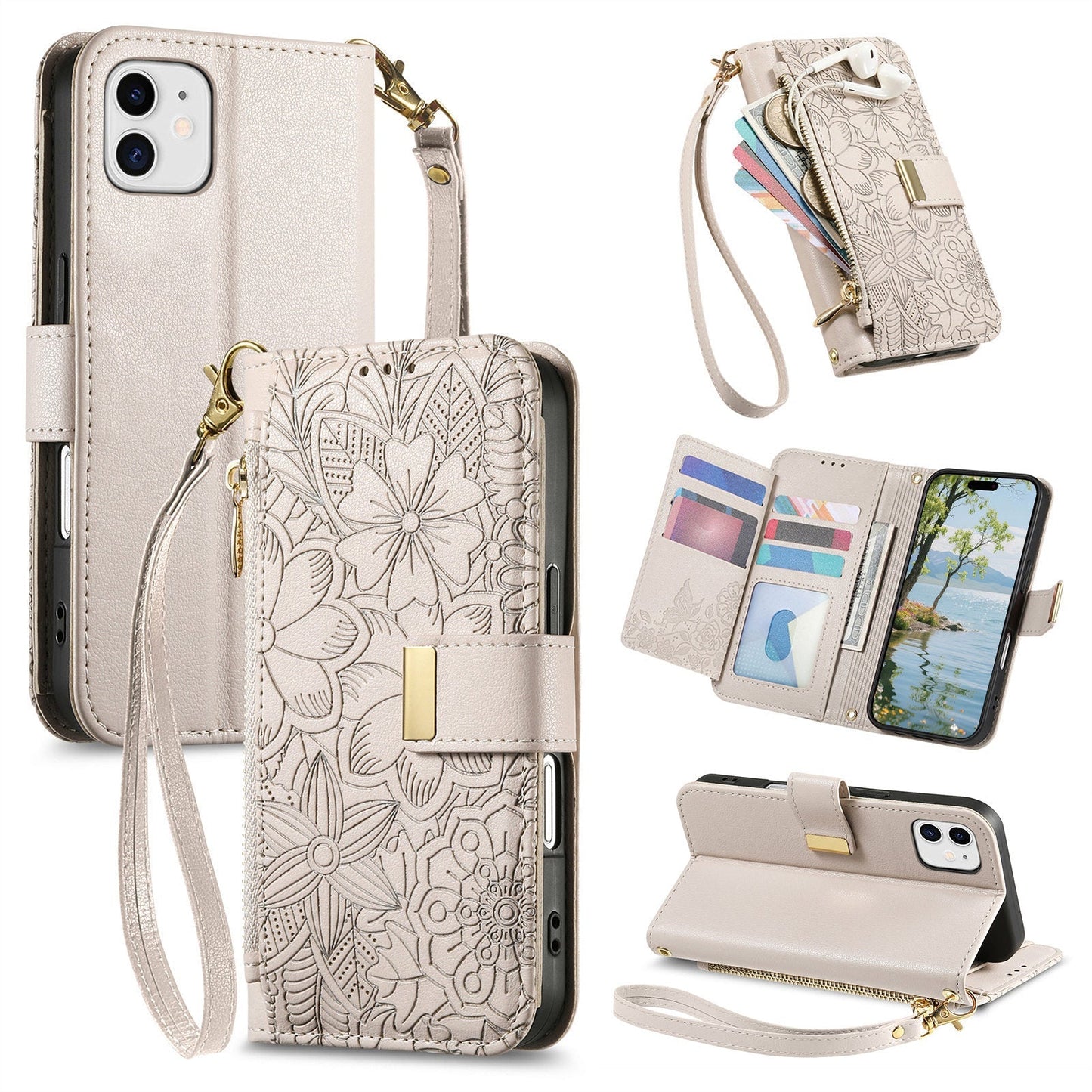 Embossed Floral & Leaf Zipper Wallet Phone Case for iPhone 12 Mini