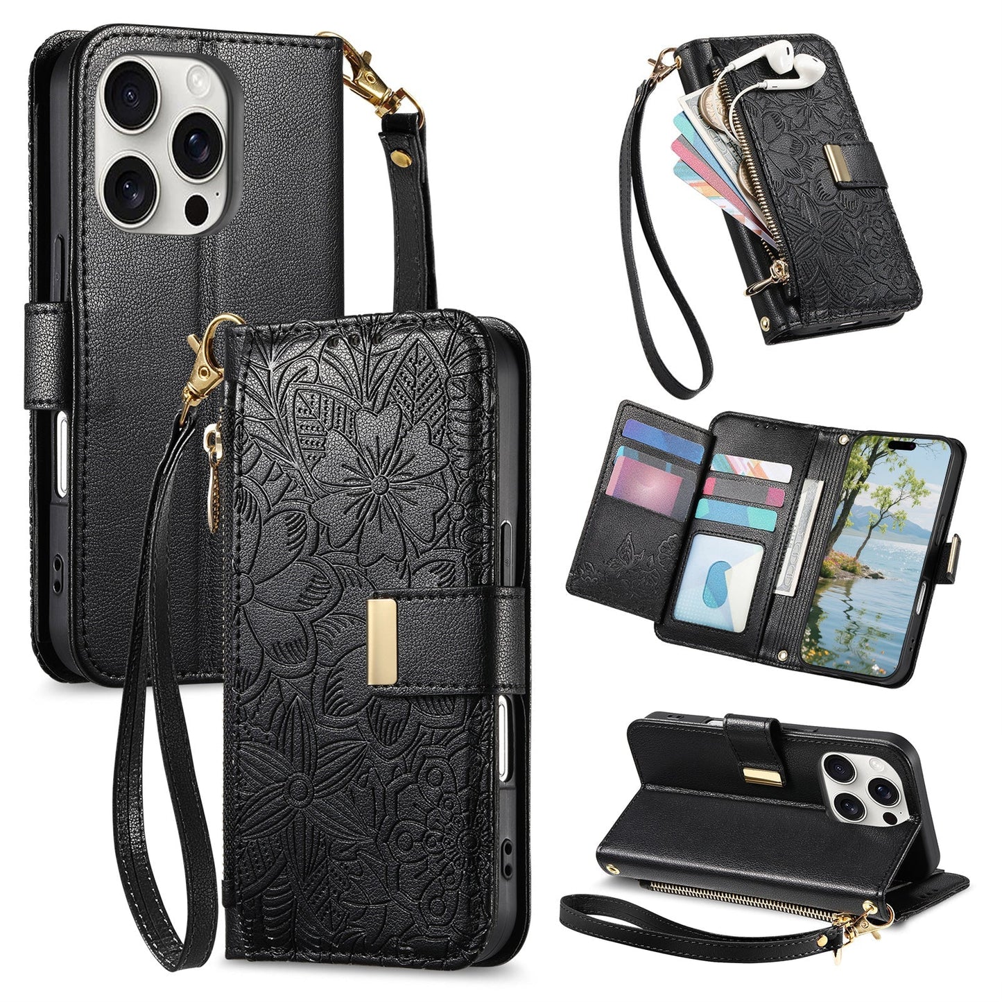 Embossed Floral & Leaf Zipper Wallet Phone Case for iPhone 14 Pro Max