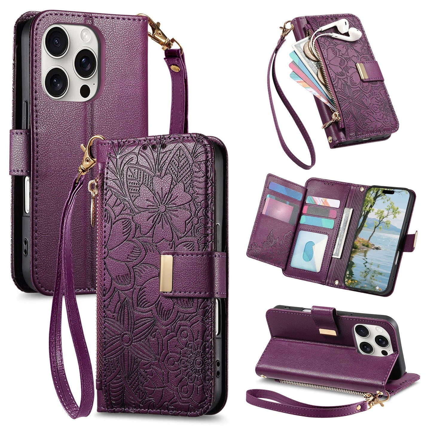 Embossed Floral & Leaf Zipper Wallet Phone Case for iPhone 13 Pro Max