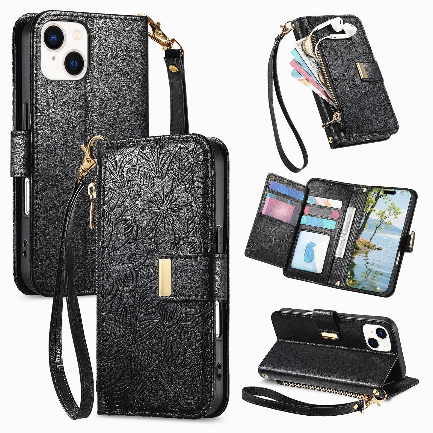 Embossed Floral & Leaf Zipper Wallet Phone Case for iPhone 13 Mini