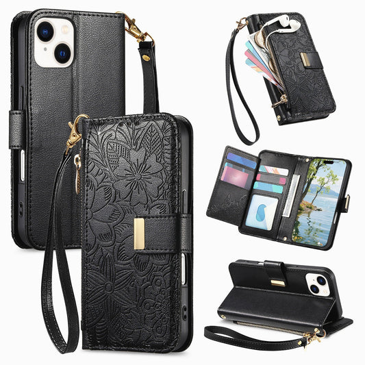 Embossed Floral & Leaf Zipper Wallet Phone Case for iPhone 13 Mini