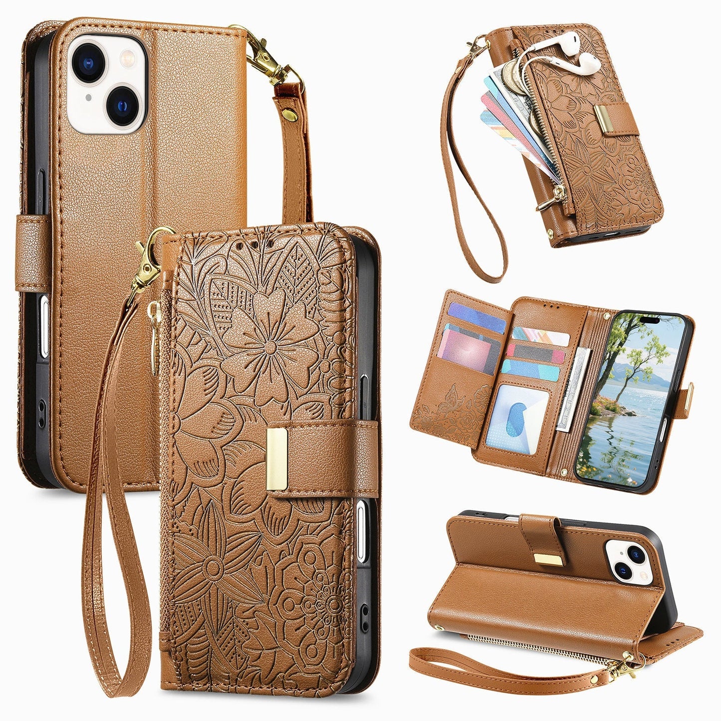 Embossed Floral & Leaf Zipper Wallet Phone Case for iPhone 13 Mini