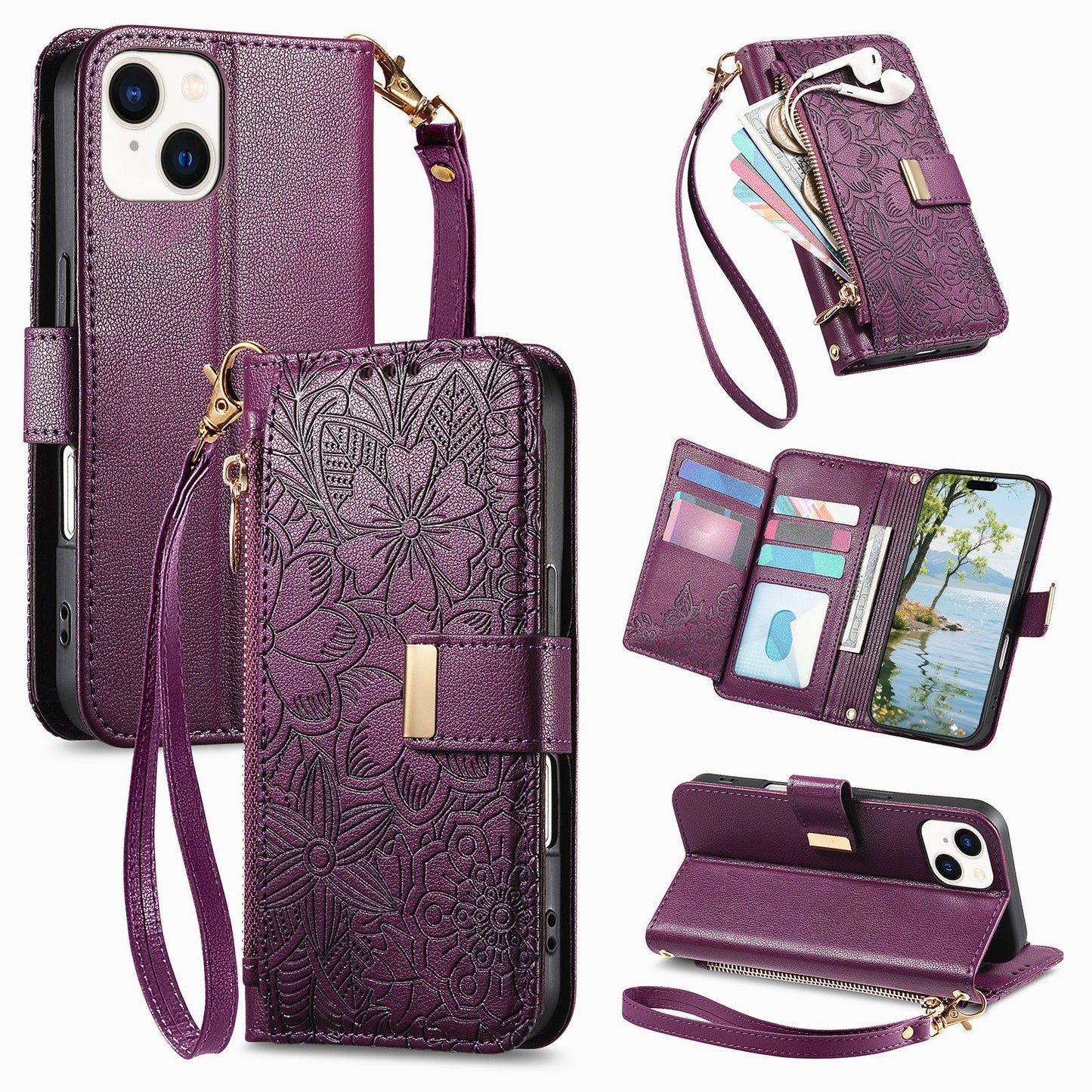 Embossed Floral & Leaf Zipper Wallet Phone Case for iPhone 15