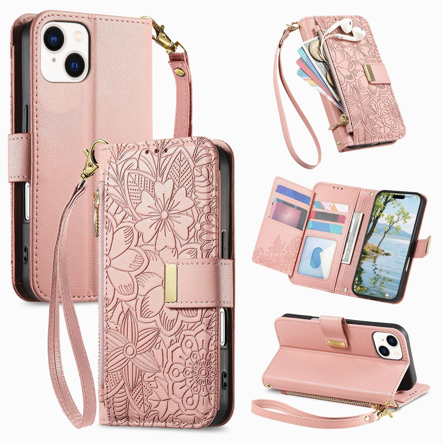 Embossed Floral & Leaf Zipper Wallet Phone Case for iPhone 13 Mini