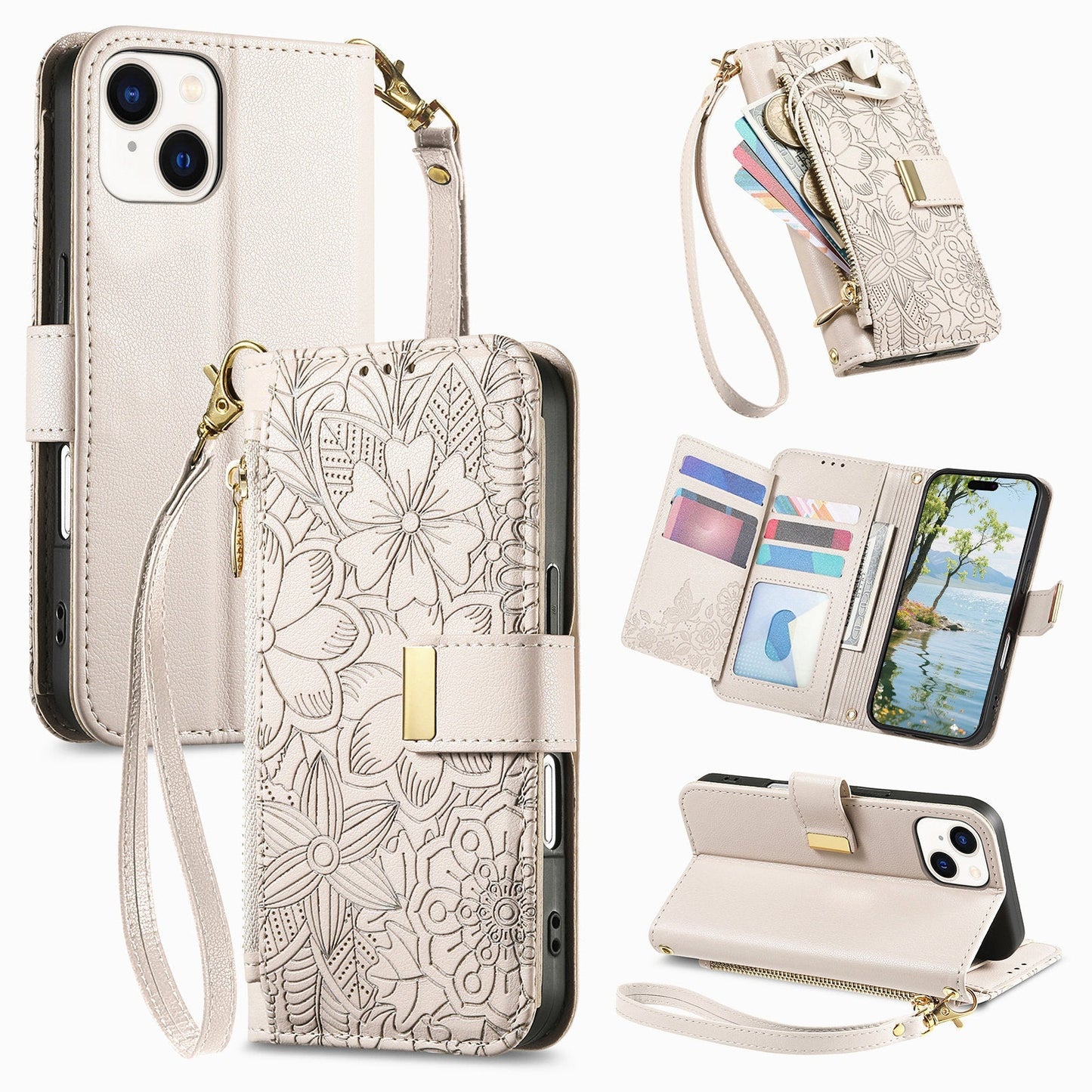Embossed Floral & Leaf Zipper Wallet Phone Case for iPhone 14