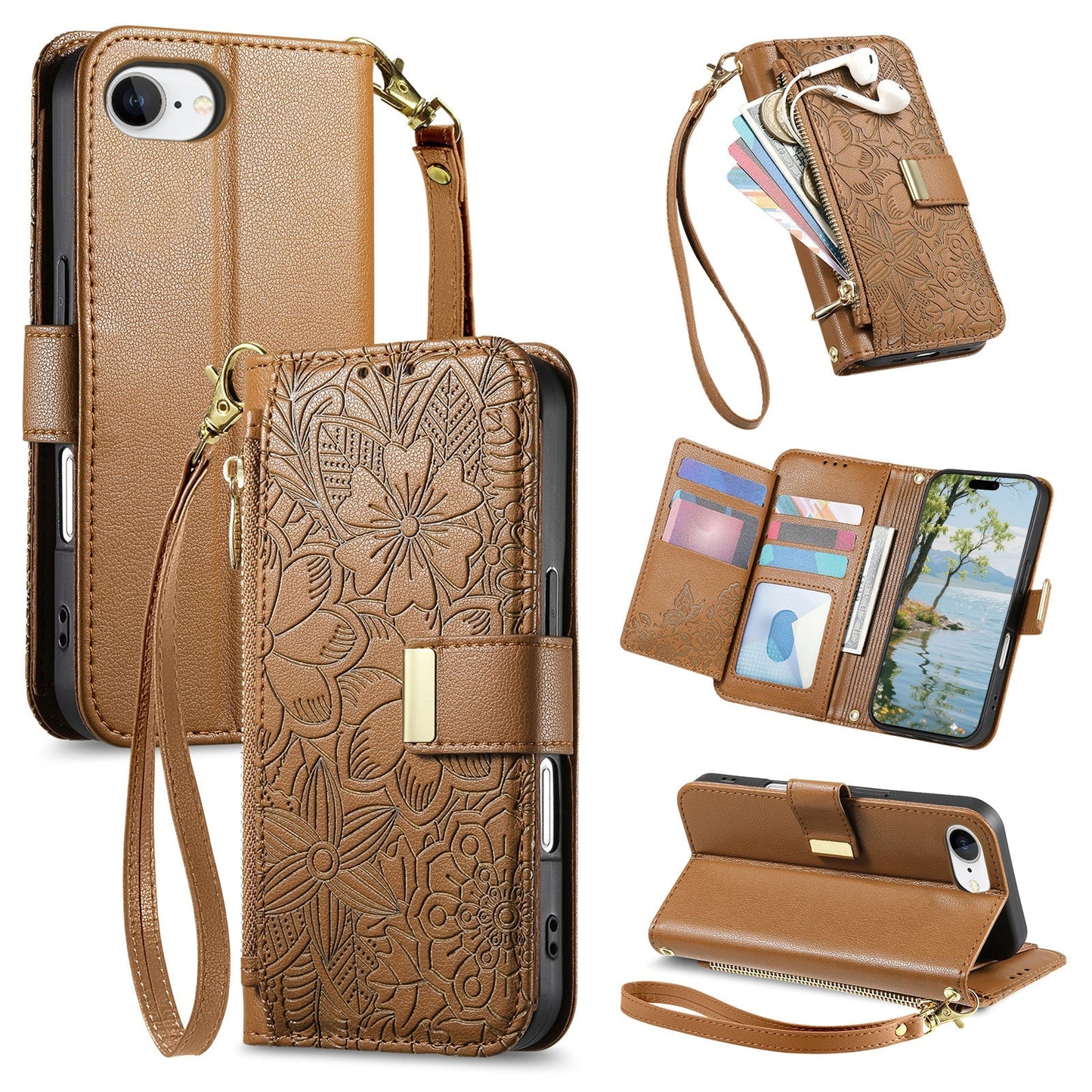 Embossed Floral & Leaf Zipper Wallet Phone Case for iPhone 16e
