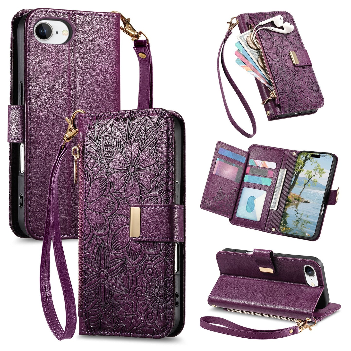 Embossed Floral & Leaf Zipper Wallet Phone Case for iPhone 16e