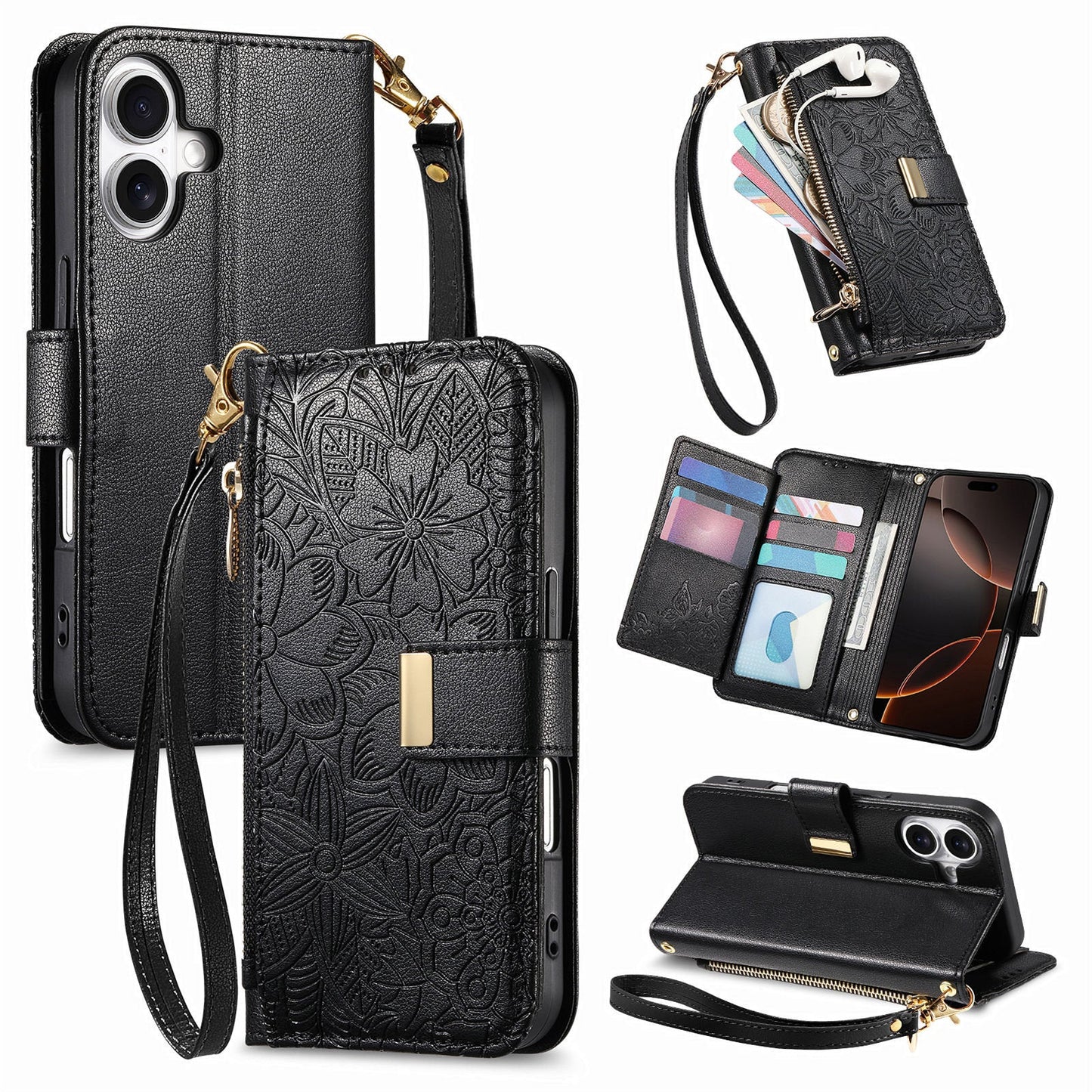 Embossed Floral & Leaf Zipper Wallet Phone Case for iPhone 16 Plus