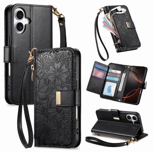 Embossed Floral & Leaf Zipper Wallet Phone Case for iPhone 16 Plus
