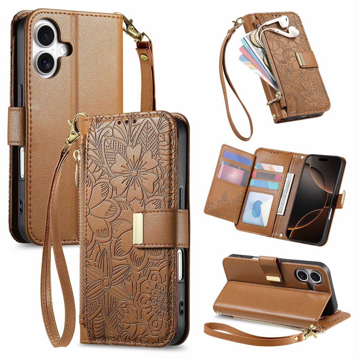 Embossed Floral & Leaf Zipper Wallet Phone Case for iPhone 16