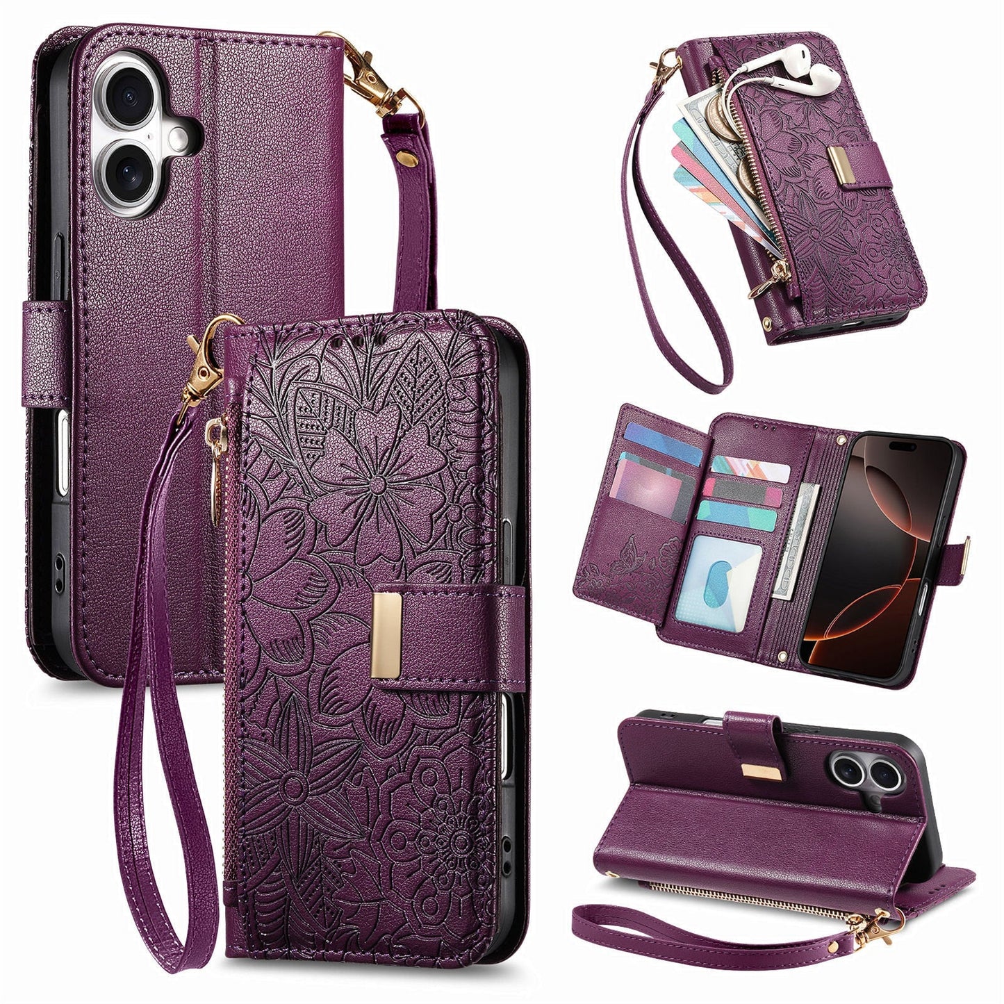 Embossed Floral & Leaf Zipper Wallet Phone Case for iPhone 16 Plus