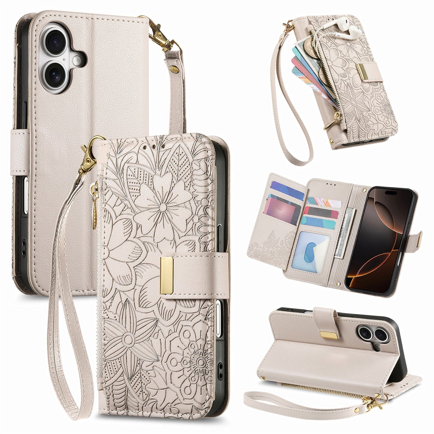 Embossed Floral & Leaf Zipper Wallet Phone Case for iPhone 16 Plus