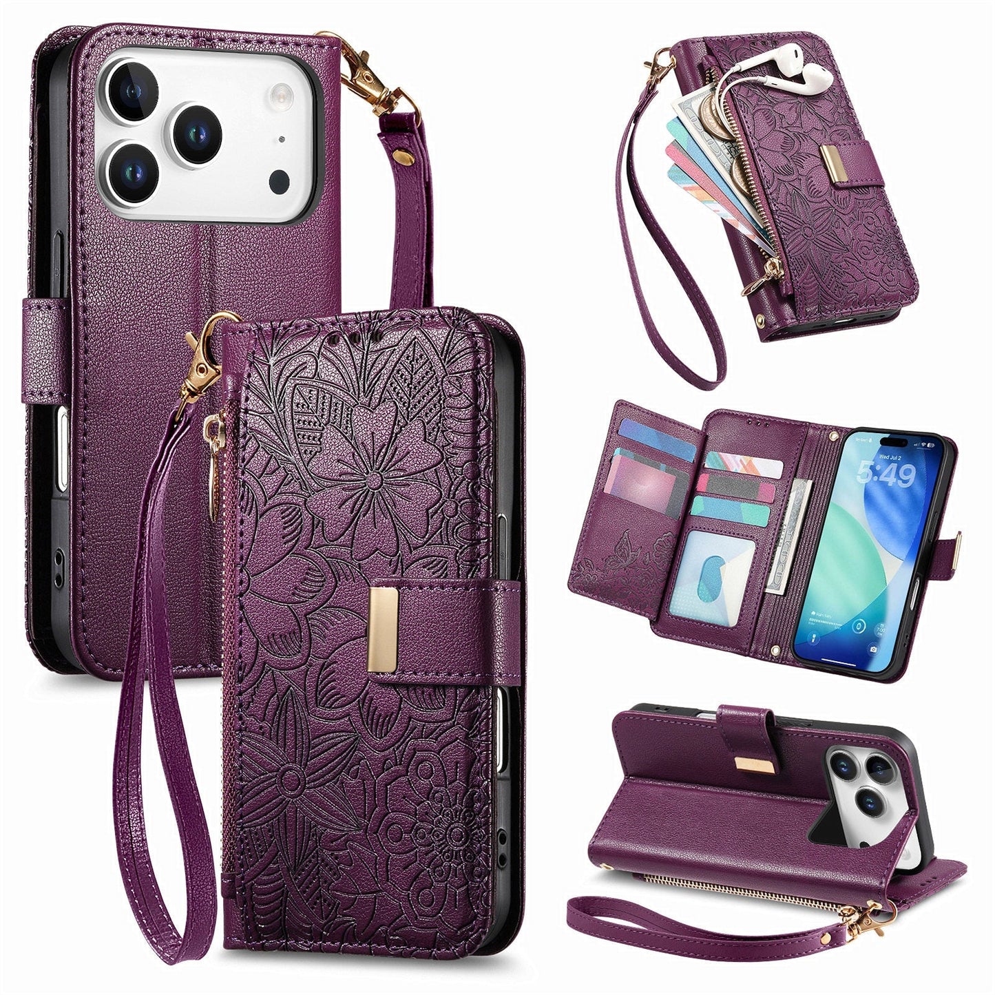 Embossed Floral & Leaf Zipper Wallet Phone Case for iPhone 17 Pro Max