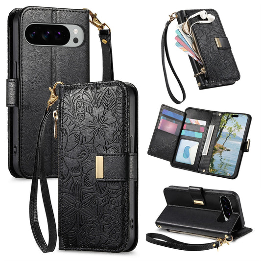 Embossed Floral & Leaf Zipper Wallet Phone Case for Pixel 8a