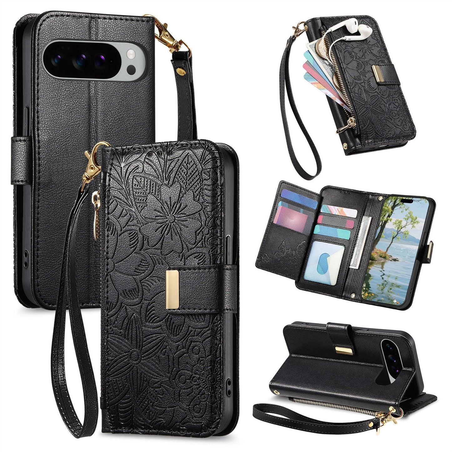 Embossed Floral & Leaf Zipper Wallet Phone Case for Pixel 7a