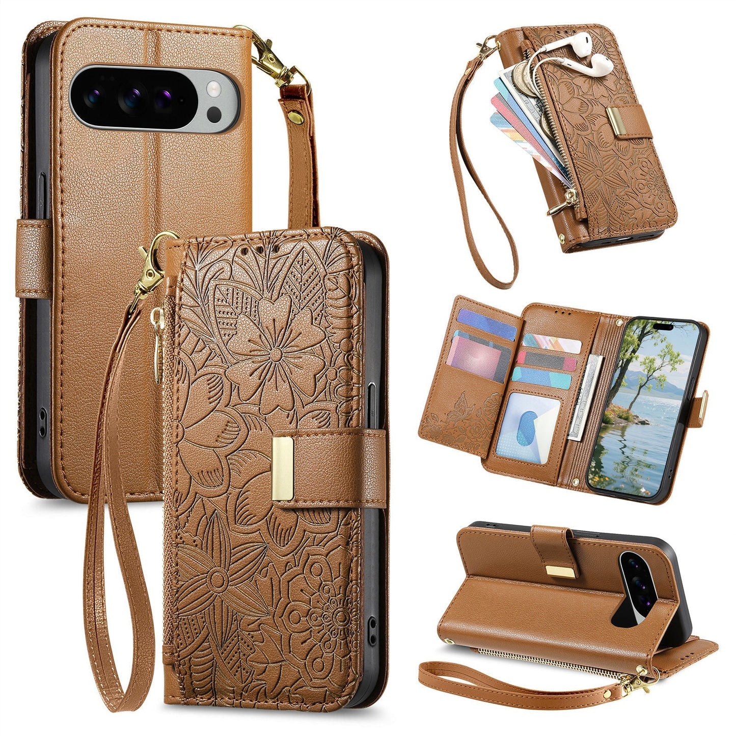 Embossed Floral & Leaf Zipper Wallet Phone Case for Pixel 9 Pro