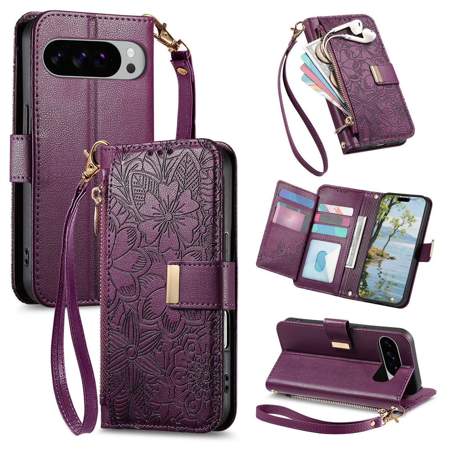 Embossed Floral & Leaf Zipper Wallet Phone Case for Pixel 8a