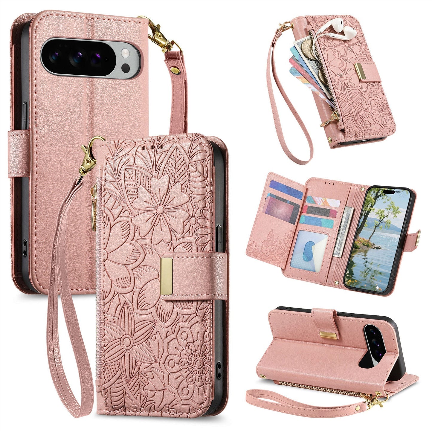 Embossed Floral & Leaf Zipper Wallet Phone Case for Pixel 8a