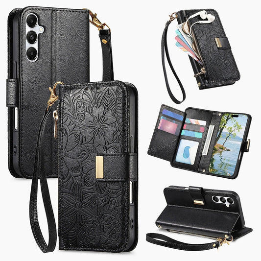 Embossed Floral & Leaf Zipper Wallet Phone Case for Samsung Galaxy S21
